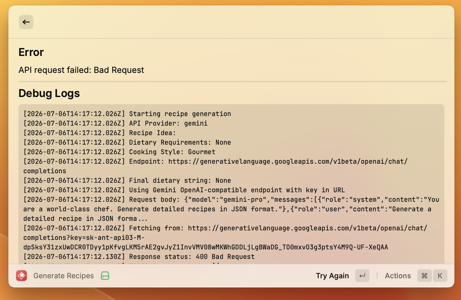 Gemini bad request error